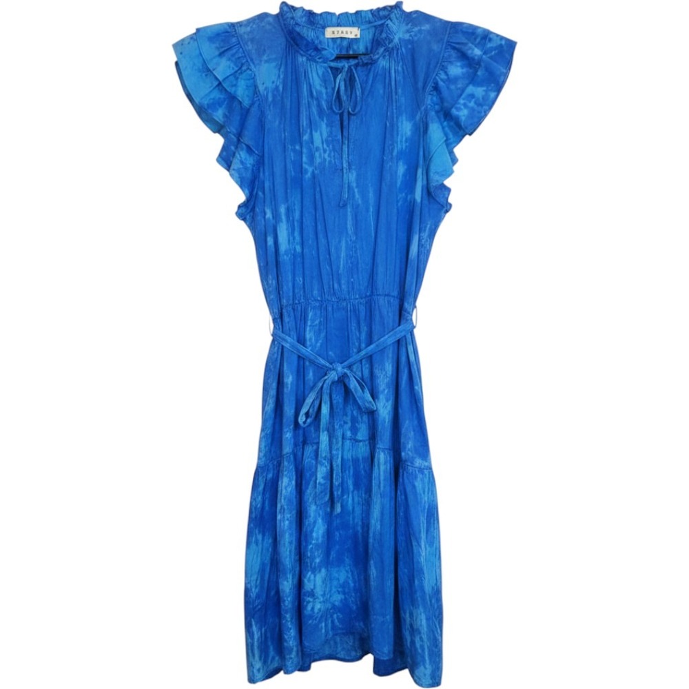 Stark X Blue Tie Dye Cotton Ruffle Sleeve Tiered Midi Dress Womens Size Medium